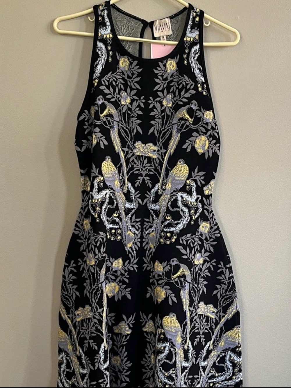 Via Vai Kim Bird and Floral Jacquard sleeveless fit n flare black dress medium